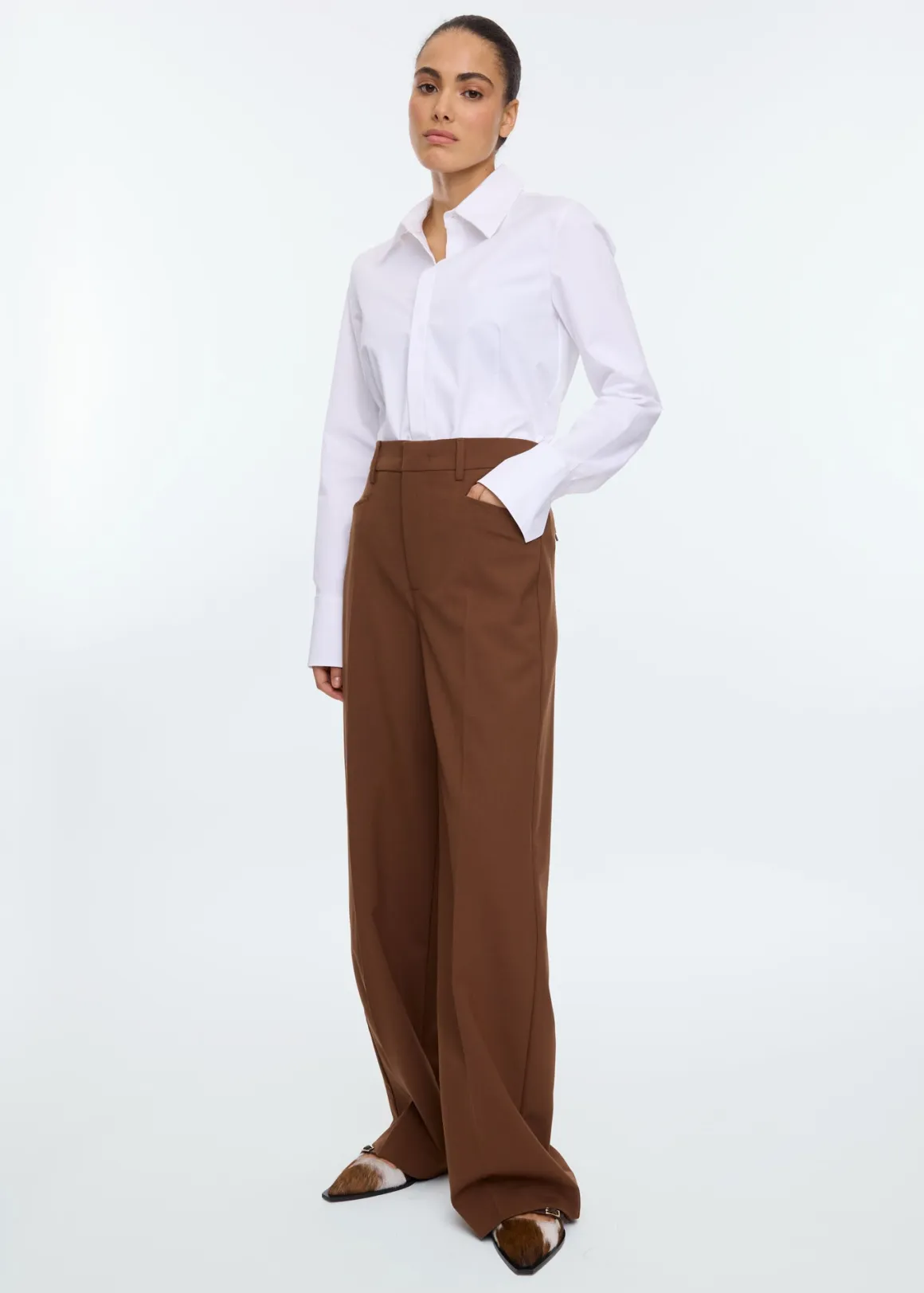 VANILIA Wool tailored wide trousers Pineconebrown Clearance